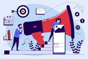 Illustration of digital marketing strategy showing people using a megaphone, social media icons, analytics, and content creation.