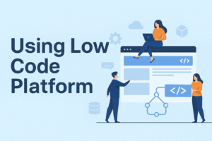 Illustration of professionals collaborating on a low-code platform with coding icons and workflow elements.