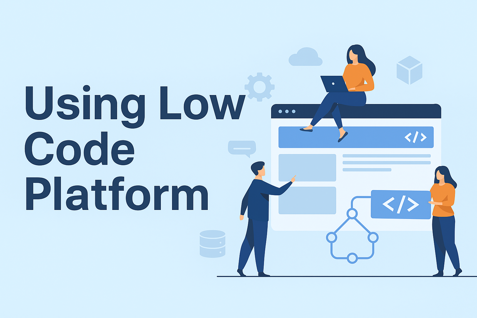 Illustration of professionals collaborating on a low-code platform with coding icons and workflow elements.