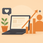 Laptop with growth chart, plant, and engagement icons representing blog growth