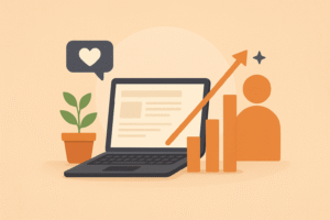 Laptop with growth chart, plant, and engagement icons representing blog growth