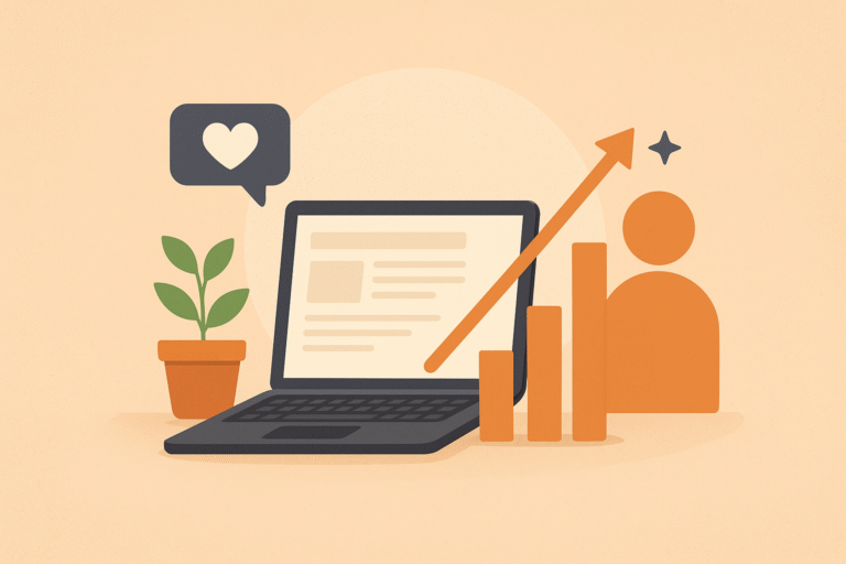 Laptop with growth chart, plant, and engagement icons representing blog growth