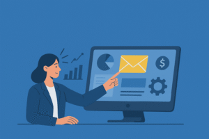 Illustration of a businesswoman using marketing automation tools on a computer with icons of email, charts, and analytics.